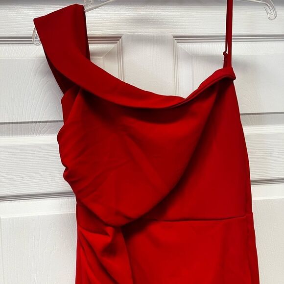 Lulus Red One Shoulder Side Ruched Gown sz L - Picture 3 of 6